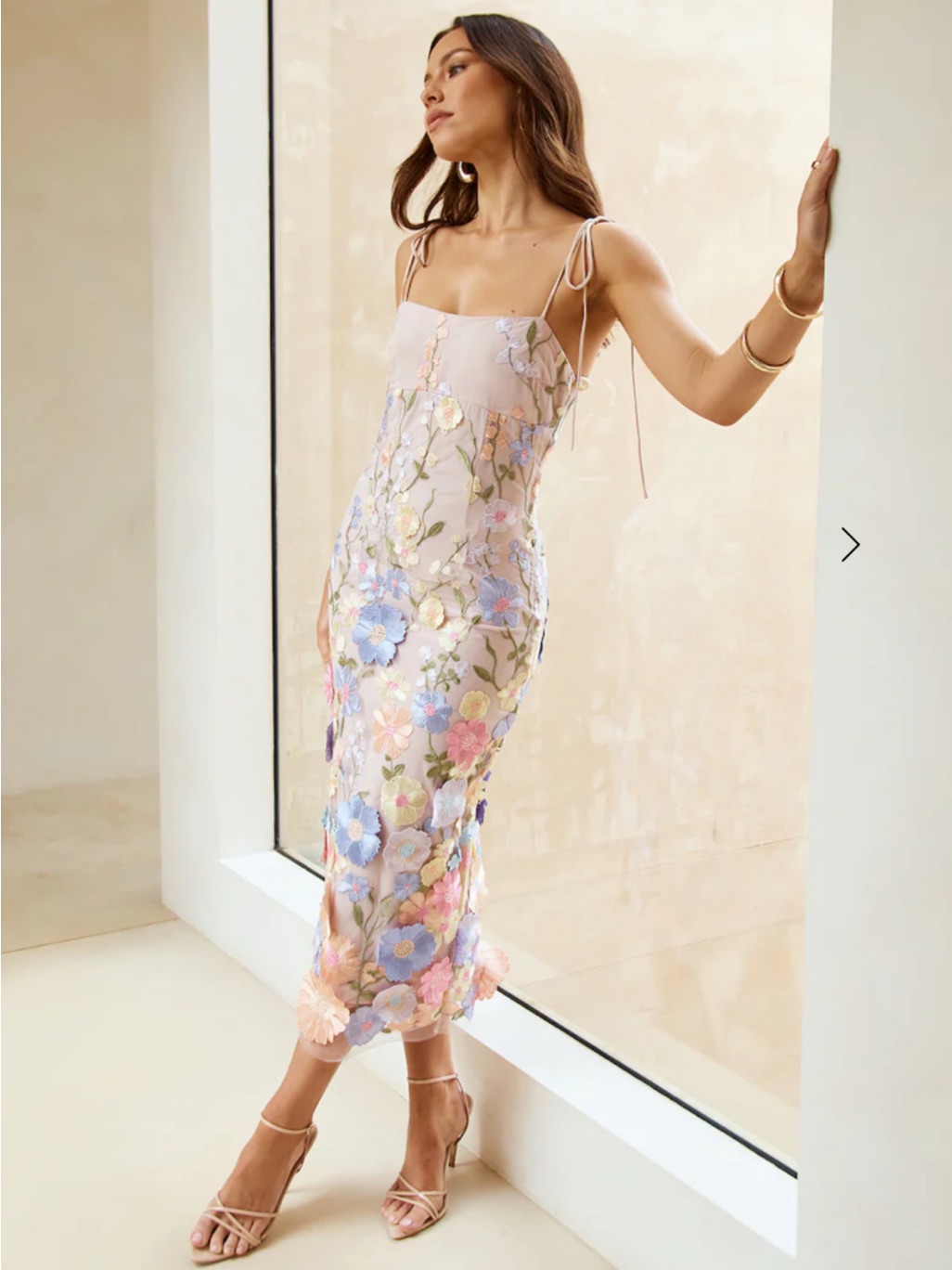 Floral Embroidered Sheer Slip Midi Dress - Pastel Multi
